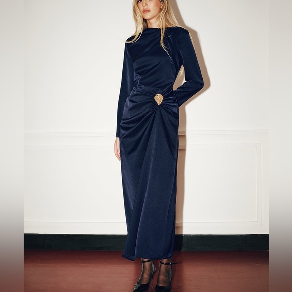 Commense Dresses & Skirts - NWT COMMENSE Metal Detail Long-Sleeve Ruched Maxi Dress in navy women size small